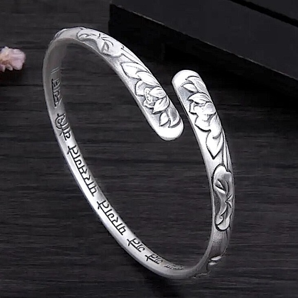 Sterling Silver Lotus Mantra Bangle Bracelet - Picture 2 of 9